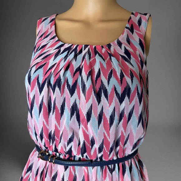 BCX A-Line Blouson Dress Size XS 2 Pink Light Blue Sleeveless Lined Belt - Picture 6 of 16